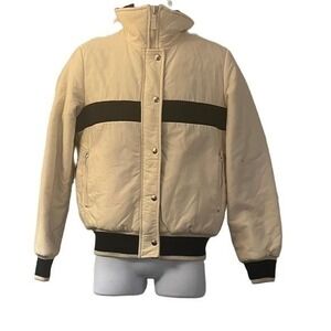 1SUN Vintage Bomber Jacket Cream Black Stripe Puffer‎ Zip Up Size 12